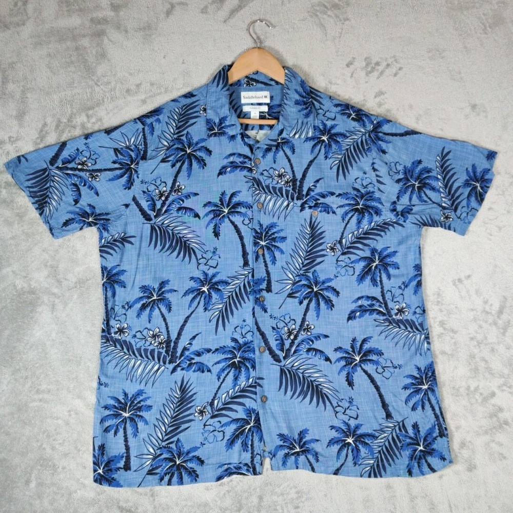 Saddlebreed Mens Shirt XL Blue Button Up Short Sleeve Floral Hawaiian Casual